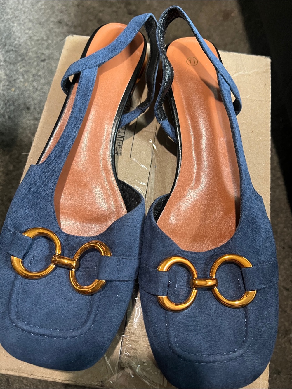 Women’s Navy Suede Slingback Mules with Gold Horsebit Detail